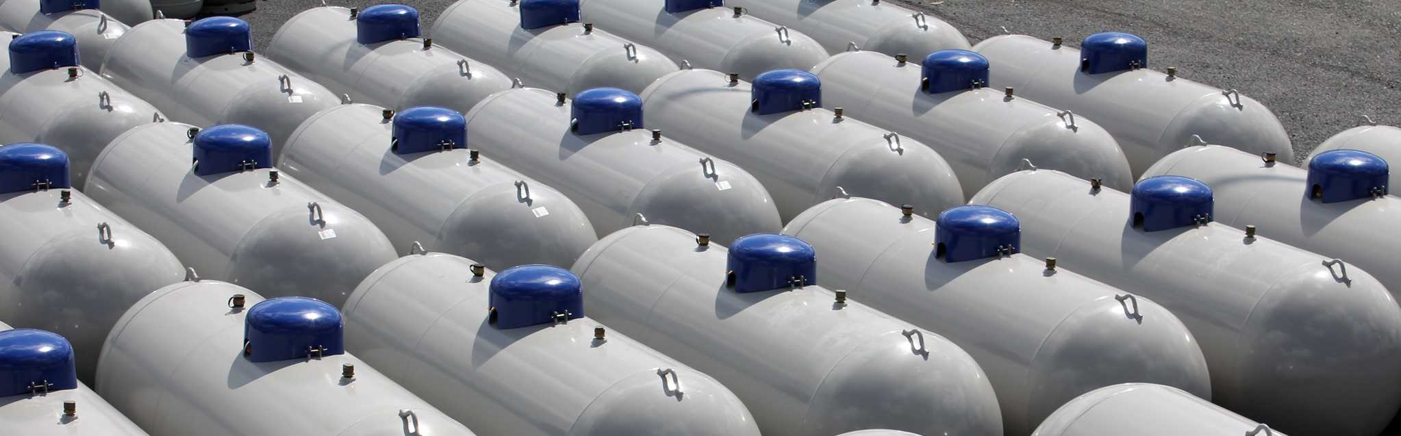 Rows of new propane tanks in a range of sizes at the Hino Gas yard in Harlingen, Texas